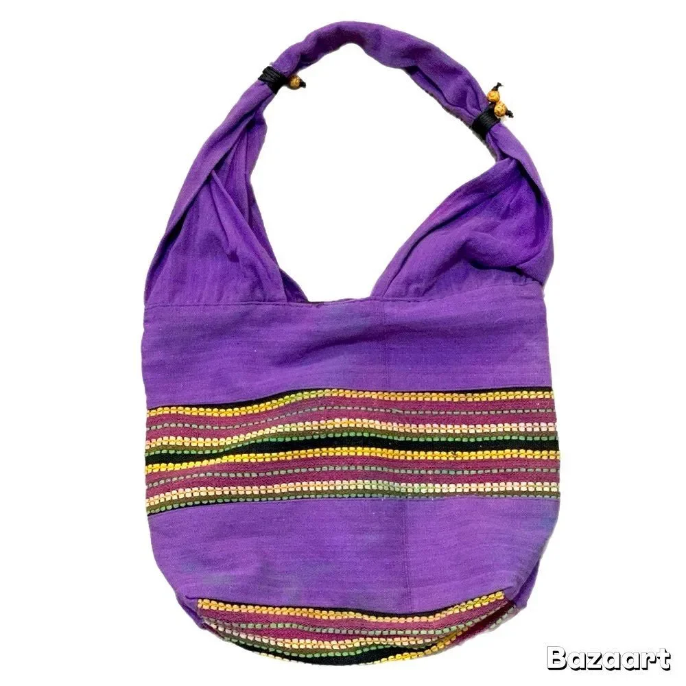 Handcrafted Purple Hobo Bag with Decorative Embroidered Stripes